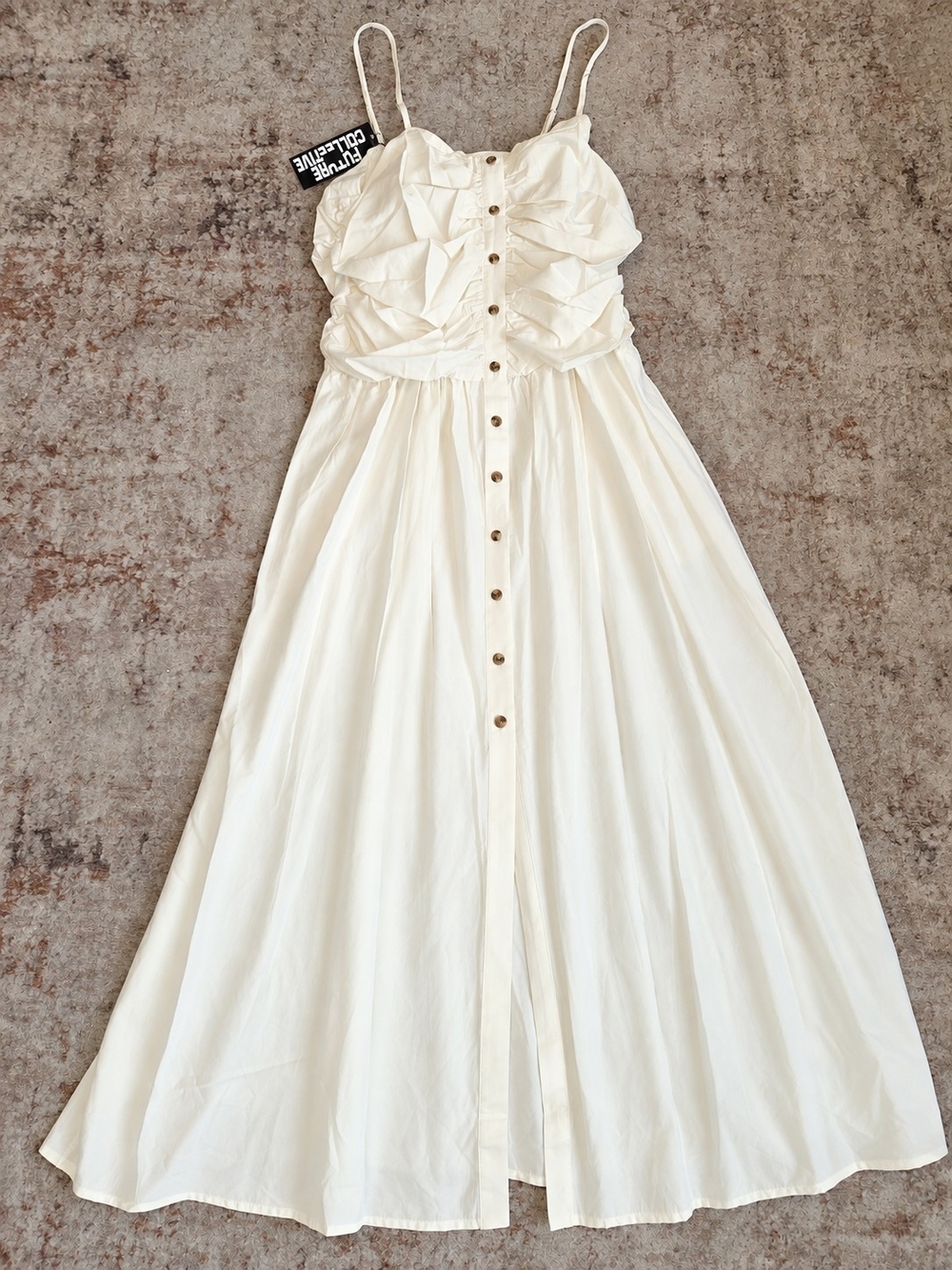 White Ruffle Front Button Maxi Dress with Spaghetti Straps